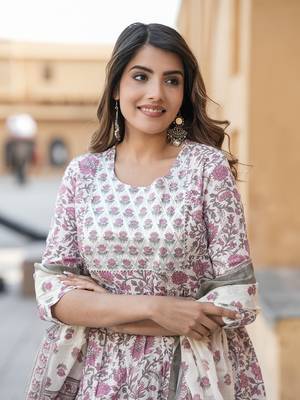 women purple and white anarkali pleated kurta pant dupatta set 1