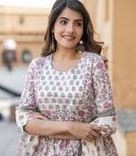 women purple and white anarkali pleated kurta pant dupatta set