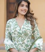 women green and white angrakha kurta pant dupatta set