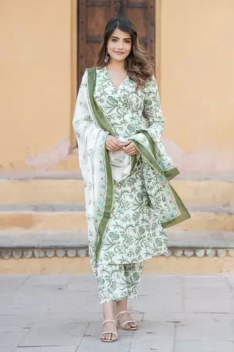 women green and white angrakha kurta pant dupatta set