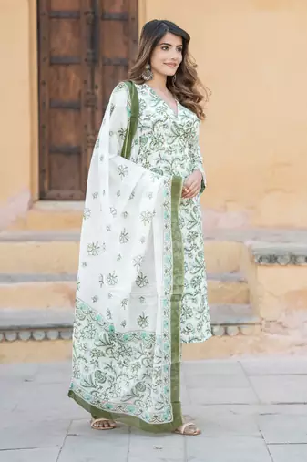 women green and white angrakha kurta pant dupatta set