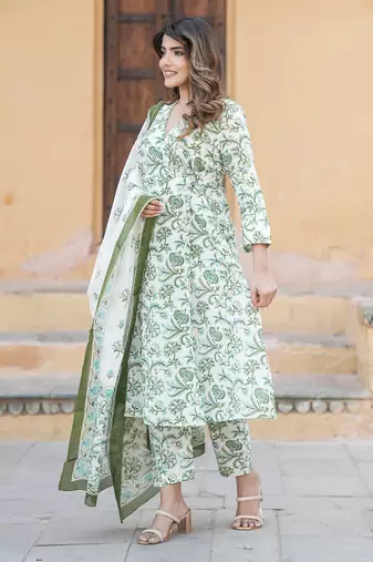 women green and white angrakha kurta pant dupatta set