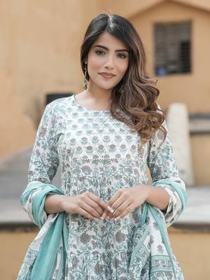 women grey and turquoise tiered kurta pant dupatta set 1