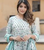 women grey and turquoise tiered kurta pant dupatta set
