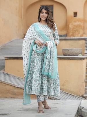 women grey and turquoise tiered kurta pant dupatta set 2