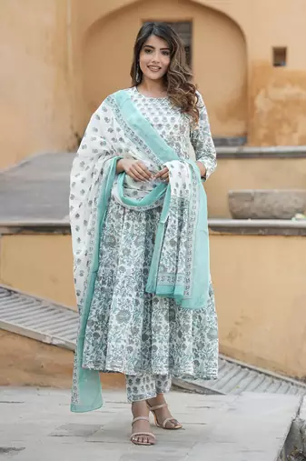 women grey and turquoise tiered kurta pant dupatta set