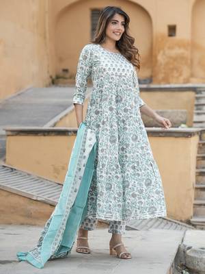 women grey and turquoise tiered kurta pant dupatta set 3