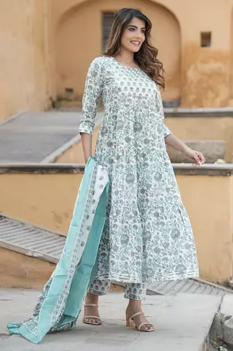 women grey and turquoise tiered kurta pant dupatta set