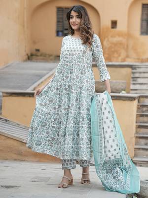 women grey and turquoise tiered kurta pant dupatta set 4