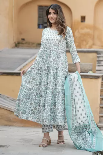 women grey and turquoise tiered kurta pant dupatta set