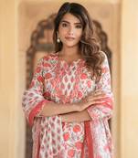 women peach and white straight kurta pant dupatta set
