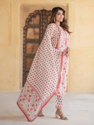 women peach and white straight kurta pant dupatta set 2