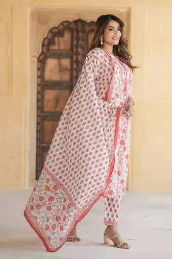 women peach and white straight kurta pant dupatta set