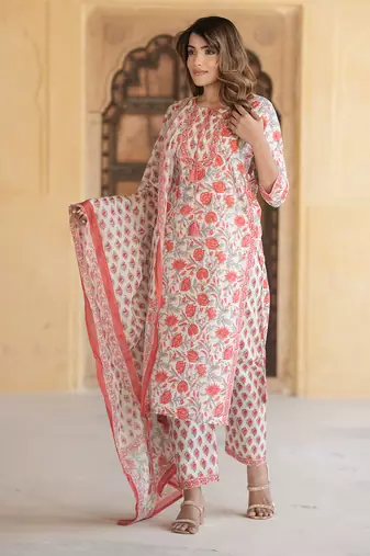 women peach and white straight kurta pant dupatta set