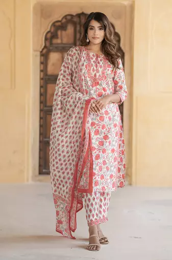 women peach and white straight kurta pant dupatta set