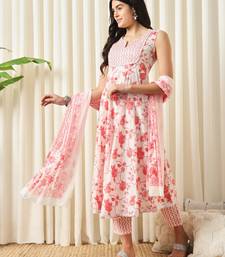 women white and red anarkali cotton kurta with trousers & with dupatta