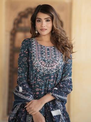 women blue anarkali kurta pant dupatta set 1