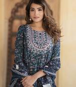 women blue anarkali kurta pant dupatta set
