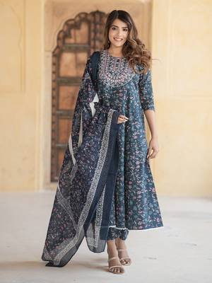 women blue anarkali kurta pant dupatta set 2