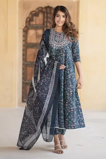 women blue anarkali kurta pant dupatta set