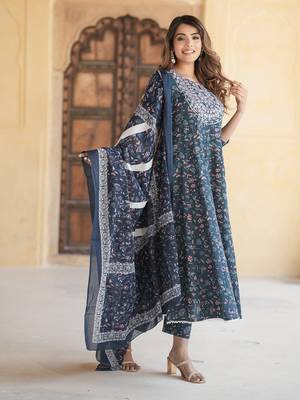 women blue anarkali kurta pant dupatta set 3
