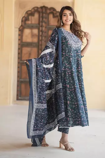 women blue anarkali kurta pant dupatta set