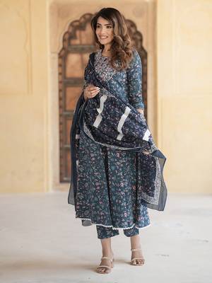 women blue anarkali kurta pant dupatta set 4