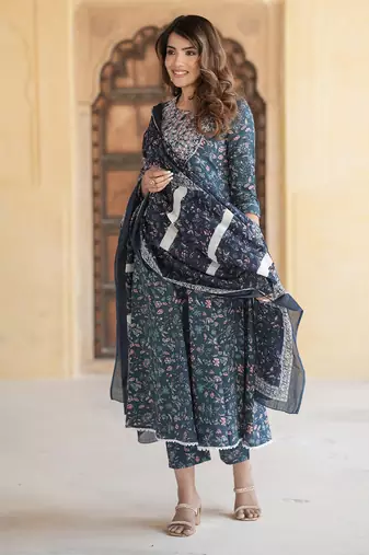 women blue anarkali kurta pant dupatta set