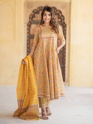 women mustard yellow anarkali kurta pant dupatta set 1