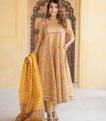 women mustard yellow anarkali kurta pant dupatta set