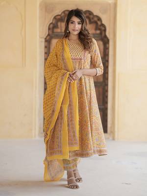 women mustard yellow anarkali kurta pant dupatta set 2