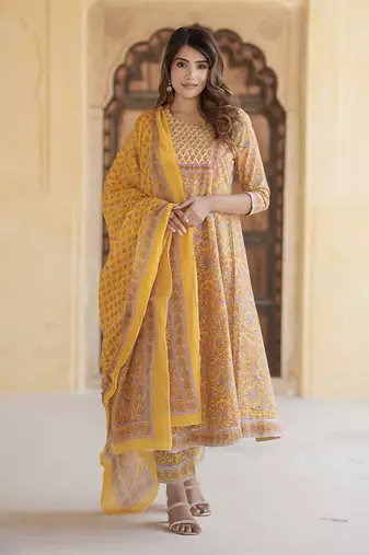 women mustard yellow anarkali kurta pant dupatta set