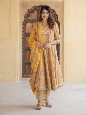 women mustard yellow anarkali kurta pant dupatta set 3
