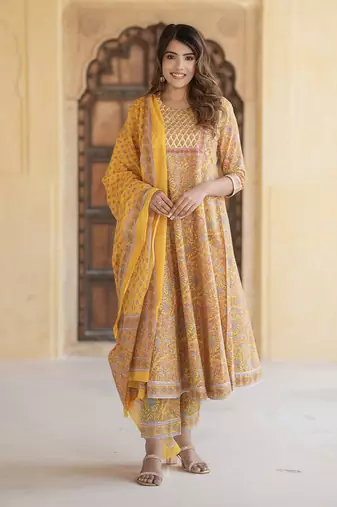 women mustard yellow anarkali kurta pant dupatta set