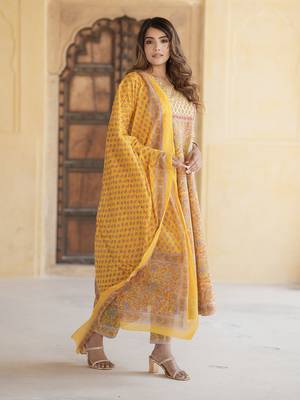 women mustard yellow anarkali kurta pant dupatta set 4