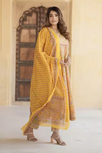 women mustard yellow anarkali kurta pant dupatta set