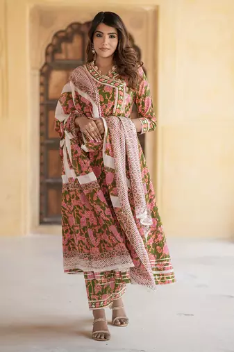 women mulit angrakha kurta pant dupatta set