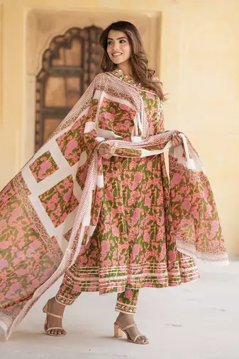women mulit angrakha kurta pant dupatta set
