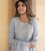 women sky blue anrakli tiered kurta pant dupatta set