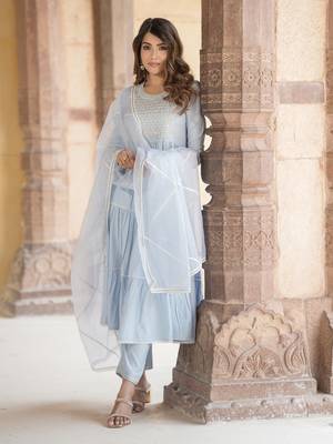 women sky blue anarkali tiered kurta pant dupatta set 2