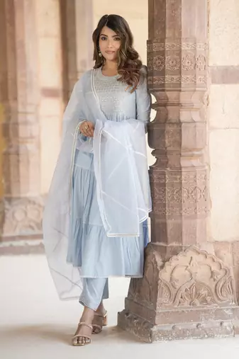 women sky blue anarkali tiered kurta pant dupatta set