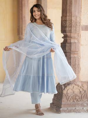 women sky blue anarkali tiered kurta pant dupatta set 3