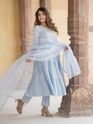 women sky blue anarkali tiered kurta pant dupatta set 4
