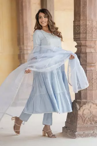 women sky blue anarkali tiered kurta pant dupatta set