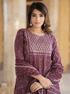 women mauve anarkali kurta pant dupatta set 1