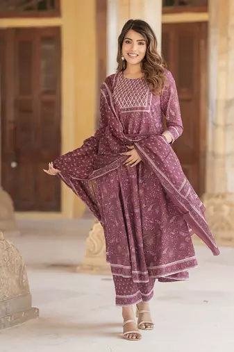 women mauve anarkali kurta pant dupatta set