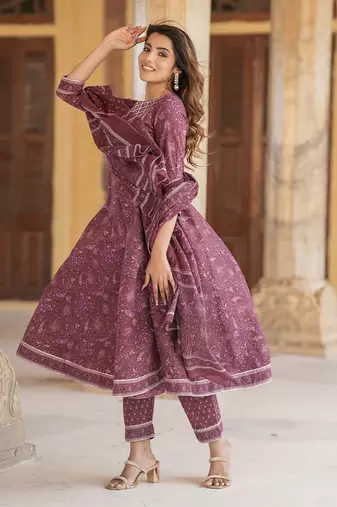 women mauve anarkali kurta pant dupatta set