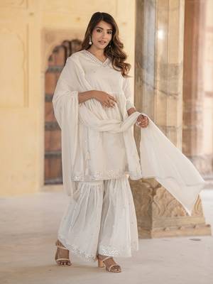 women off white a-line tiered kurta sharara dupatta set 3
