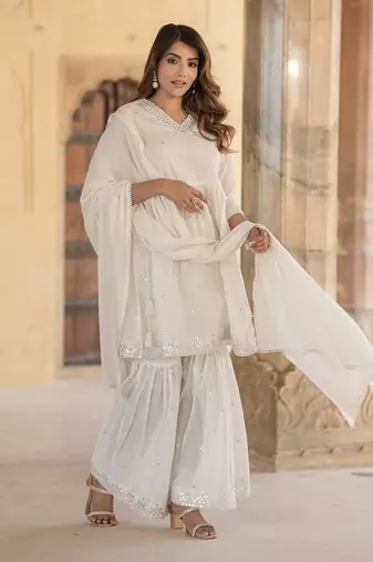 women off white a-line tiered kurta sharara dupatta set