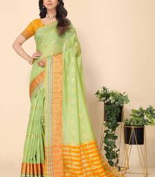 Green Jacquard Cotton Blend Golden Zari Butta Butti Woven Maheshwari Saree With Blouse Piece